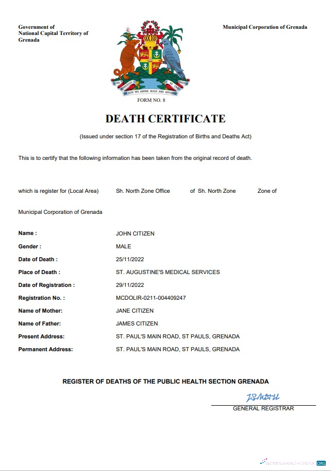 Download Grenada vital record death certificate Word and PDF template Photoshop template